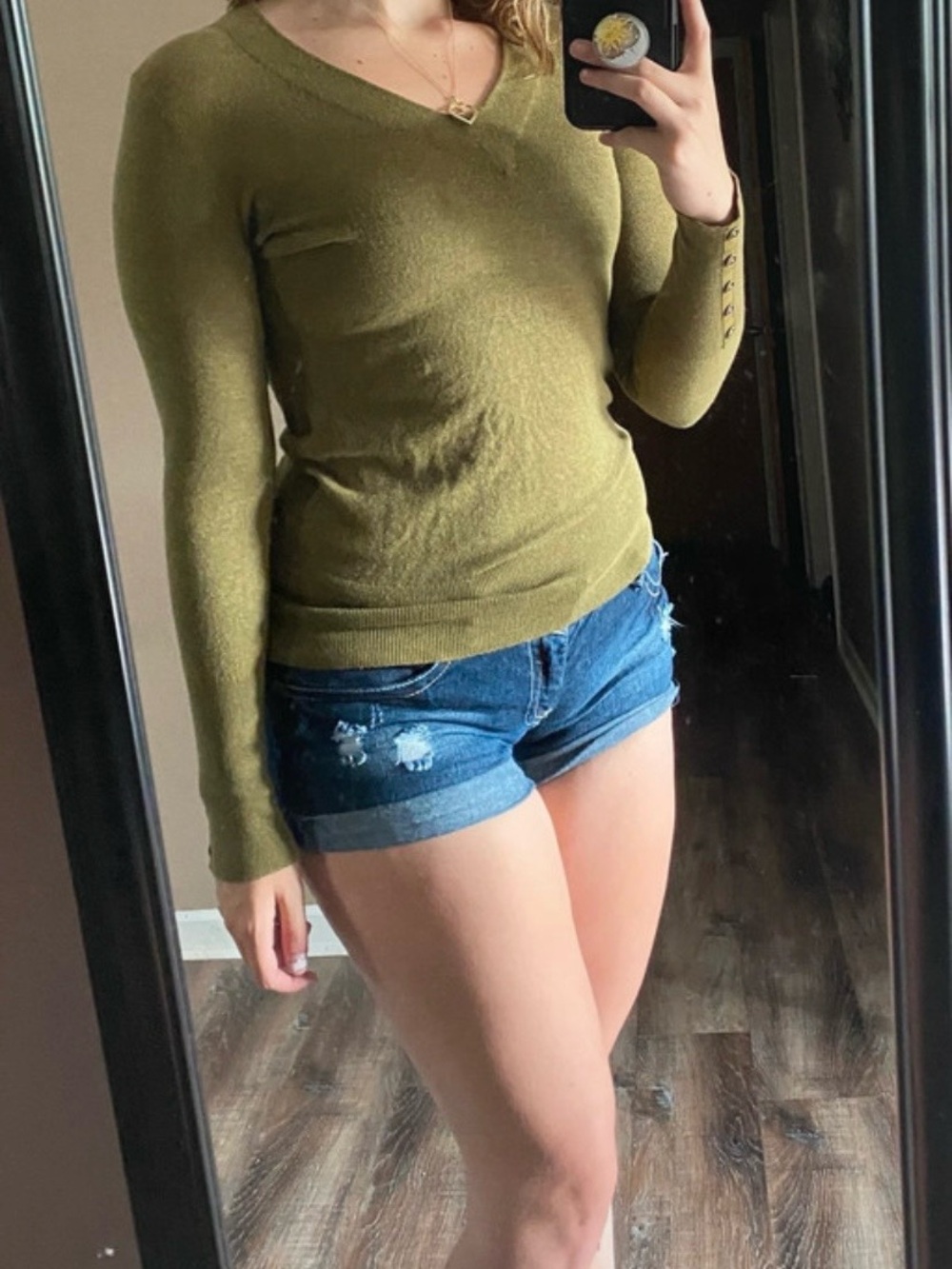 LOFT Olive Green V-Neck Button Cuff Sweater